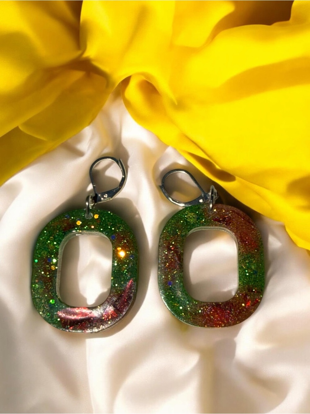 Handmade Green & Red Glitter Resin Geometric Statement Earrings